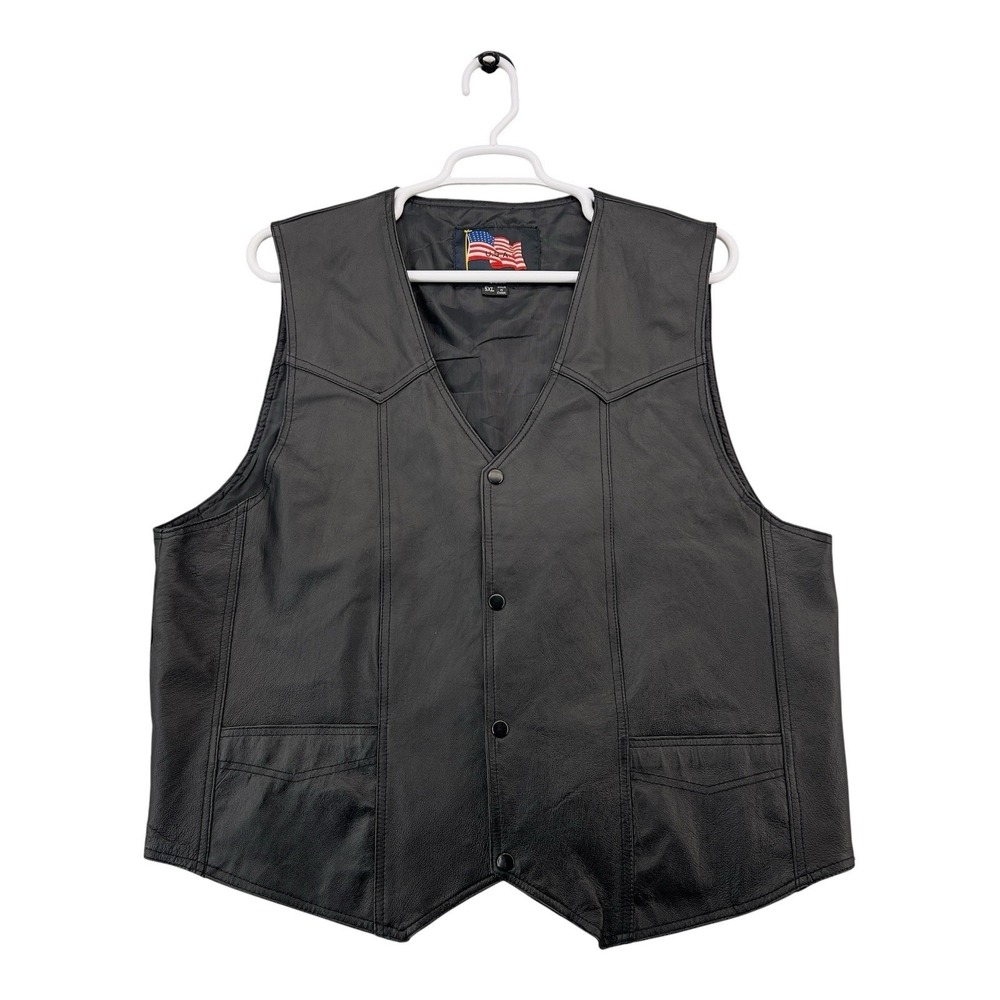 USA Leather Motorcycle Vest Men's 5XL Black Eagle Biker Snap Front Leather Vest - Picture 1 of 14
